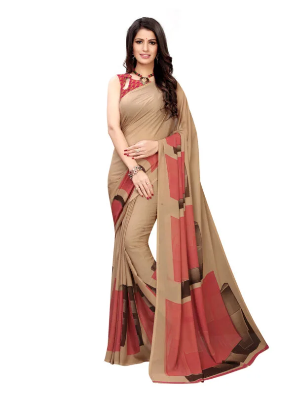 Georgette Floral Beige, Pink Saree