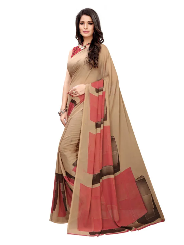 Georgette Floral Beige, Pink Saree - Image 4