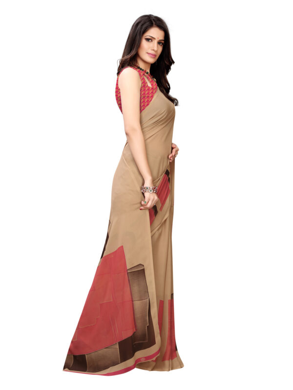 Georgette Floral Beige, Pink Saree - Image 3