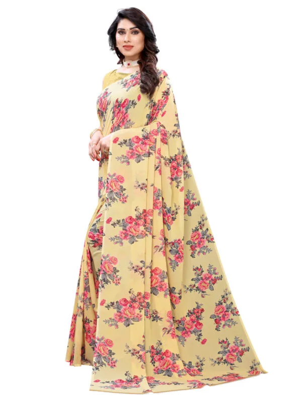 Georgette Floral Beige Saree - Image 4