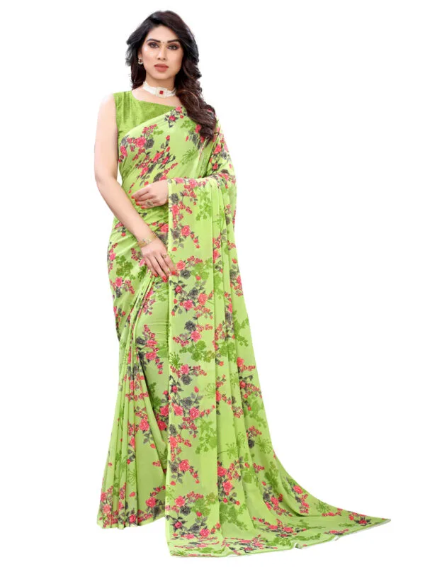 Georgette Floral Parrot Green Saree