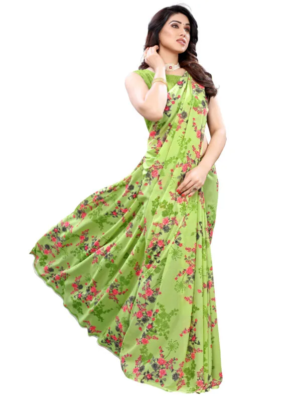 Georgette Floral Parrot Green Saree - Image 3