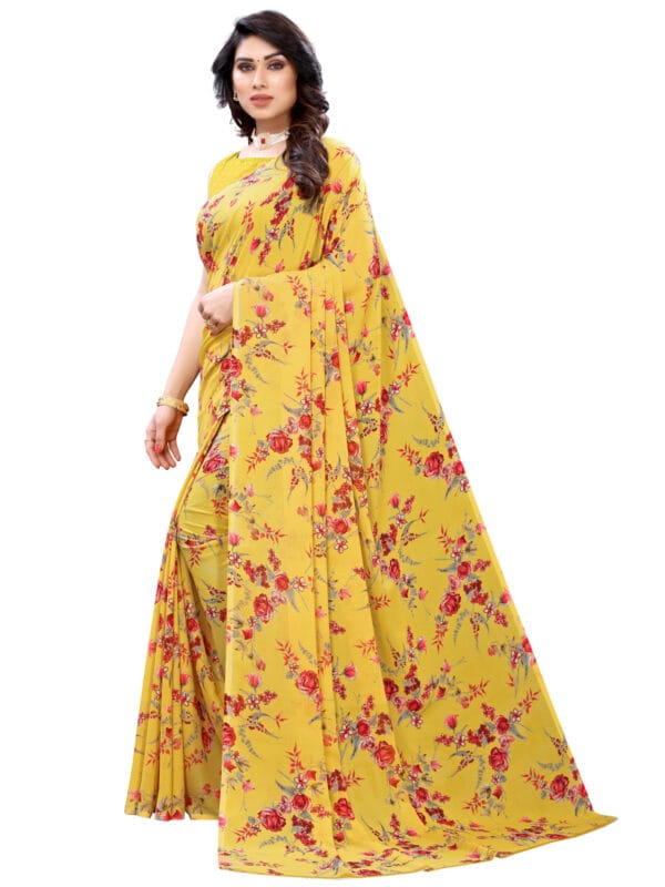 Georgette Floral Yellow Saree - Image 5