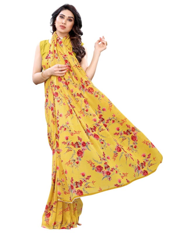 Georgette Floral Yellow Saree - Image 3