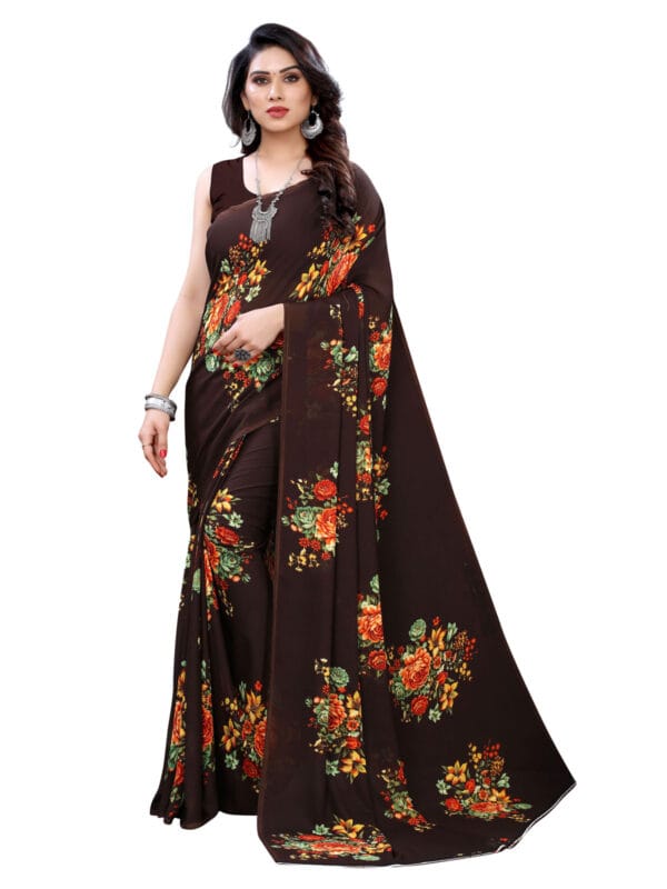 Georgette Floral Brown Saree