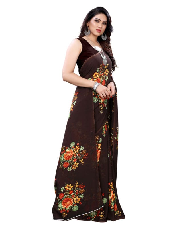 Georgette Floral Brown Saree - Image 3