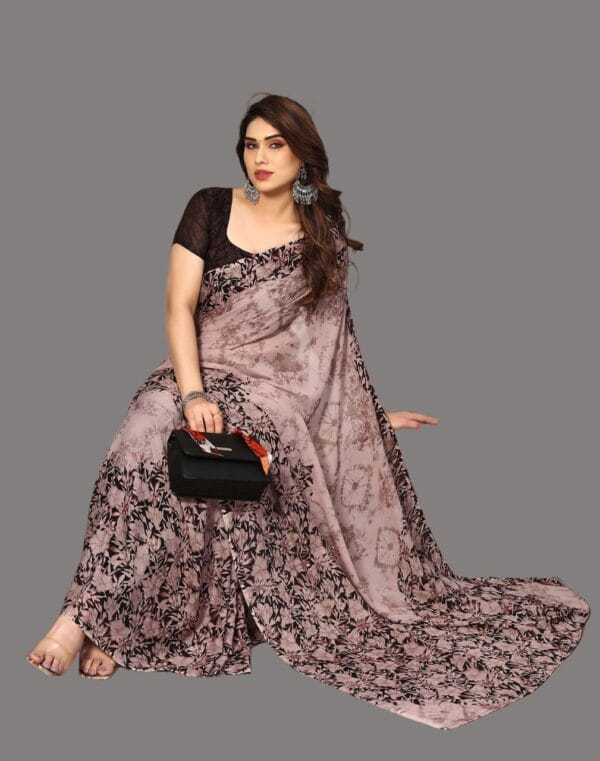 Georgette Floral Brown Saree - Image 4