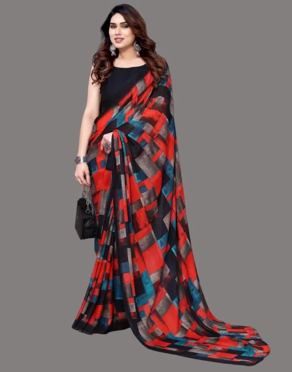 Georgette Geometric Navy Blue Saree - Image 4