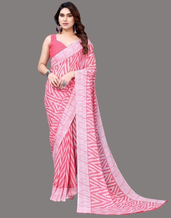 Georgette Geometric Pink and White Saree