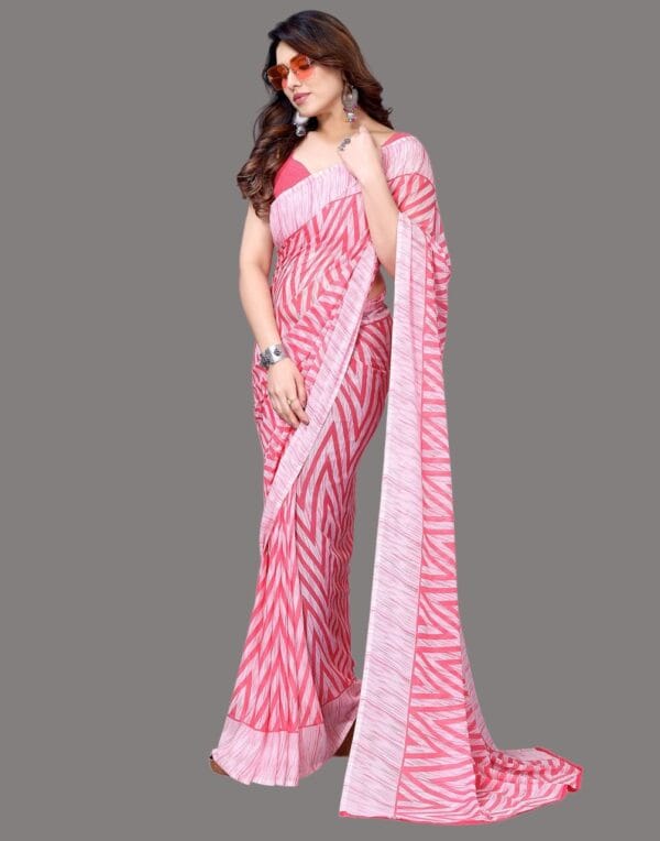 Georgette Geometric Pink and White Saree - Image 5