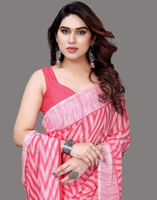 Georgette Geometric Pink and White Saree - Image 4