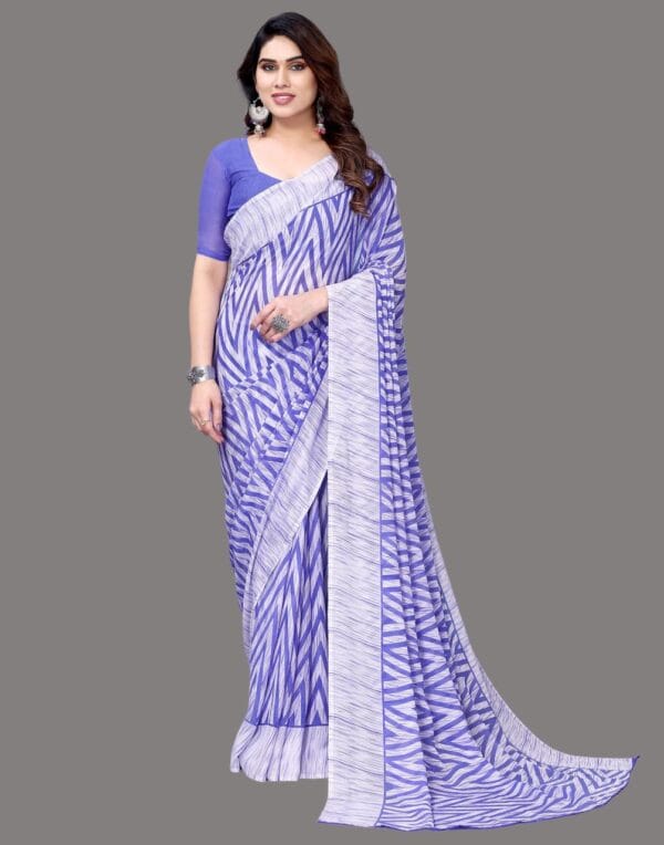 Georgette Geometric Violet and White Saree