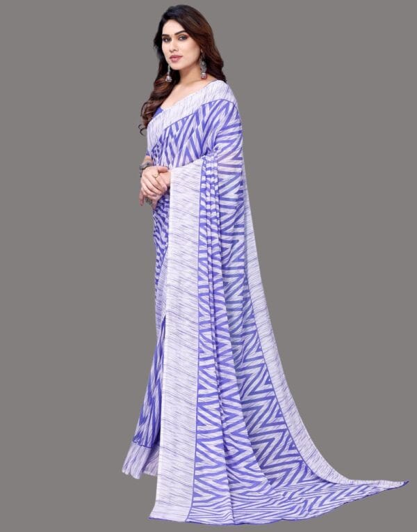 Georgette Geometric Violet and White Saree - Image 6