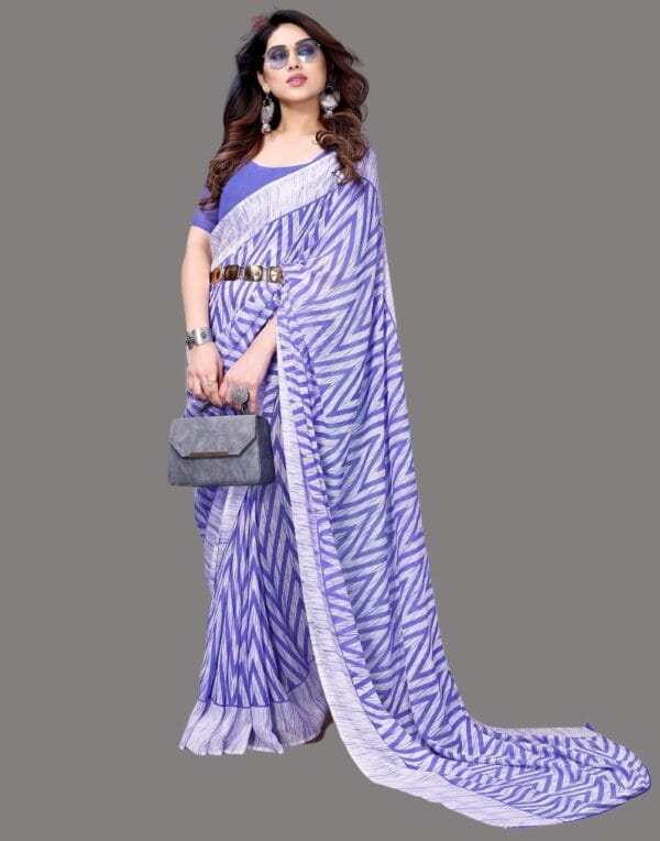 Georgette Geometric Violet and White Saree - Image 4