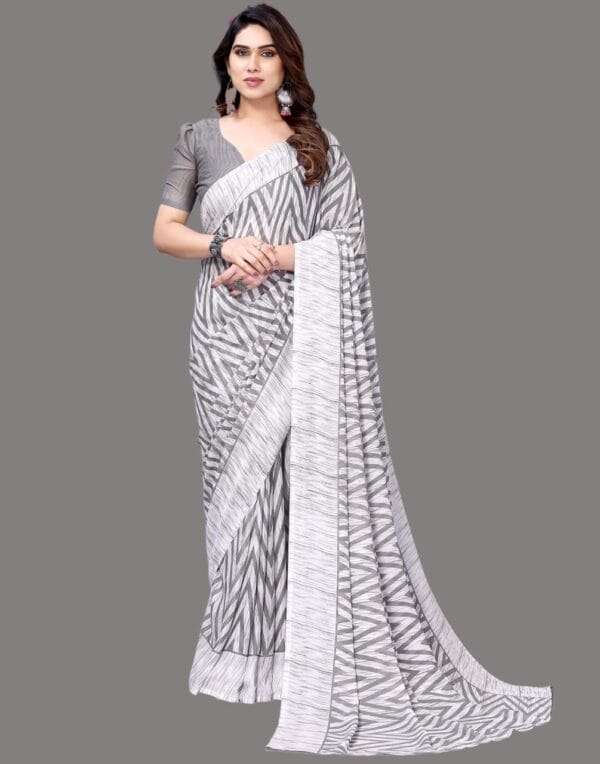 Georgette Geometric Grey and White Saree