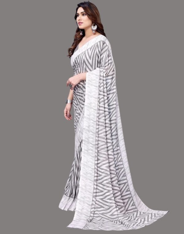 Georgette Geometric Grey and White Saree - Image 6