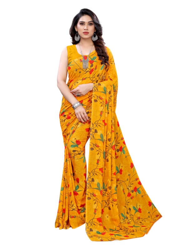 Georgette Floral Turmeric Yellow Saree