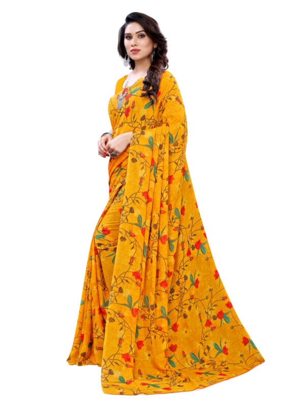 Georgette Floral Turmeric Yellow Saree - Image 6