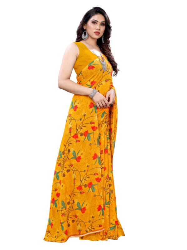 Georgette Floral Turmeric Yellow Saree - Image 5