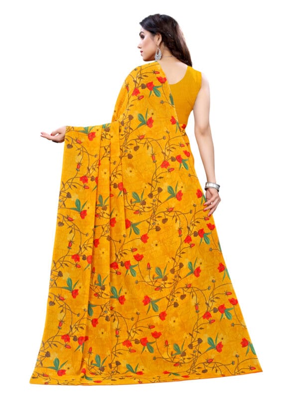 Georgette Floral Turmeric Yellow Saree - Image 4