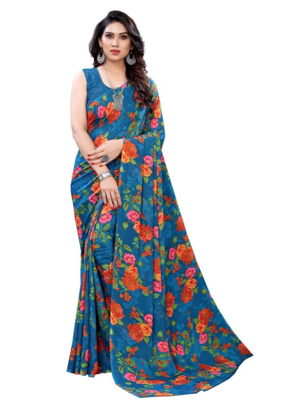 Georgette Floral Blue Saree