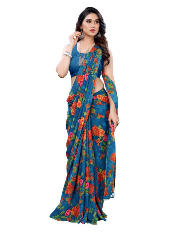 Georgette Floral Blue Saree - Image 3