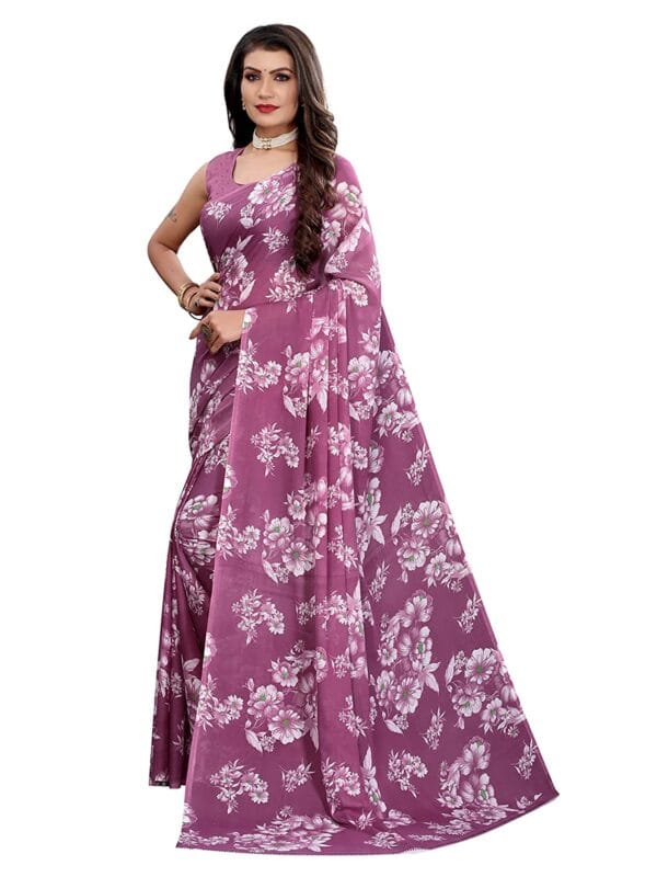 Georgette Floral Purple Saree - Image 3