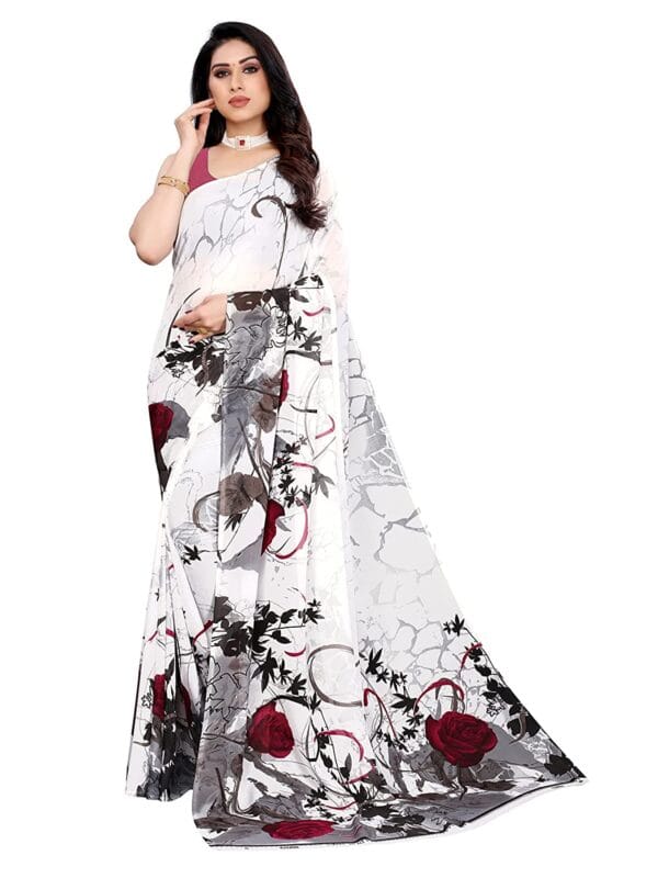 Georgette Floral Purple, White Saree