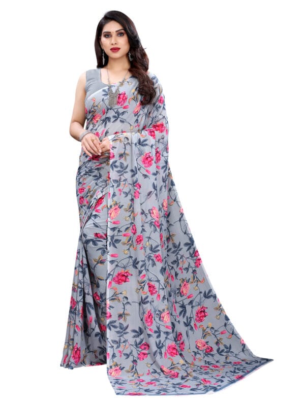 Georgette Floral Grey Saree