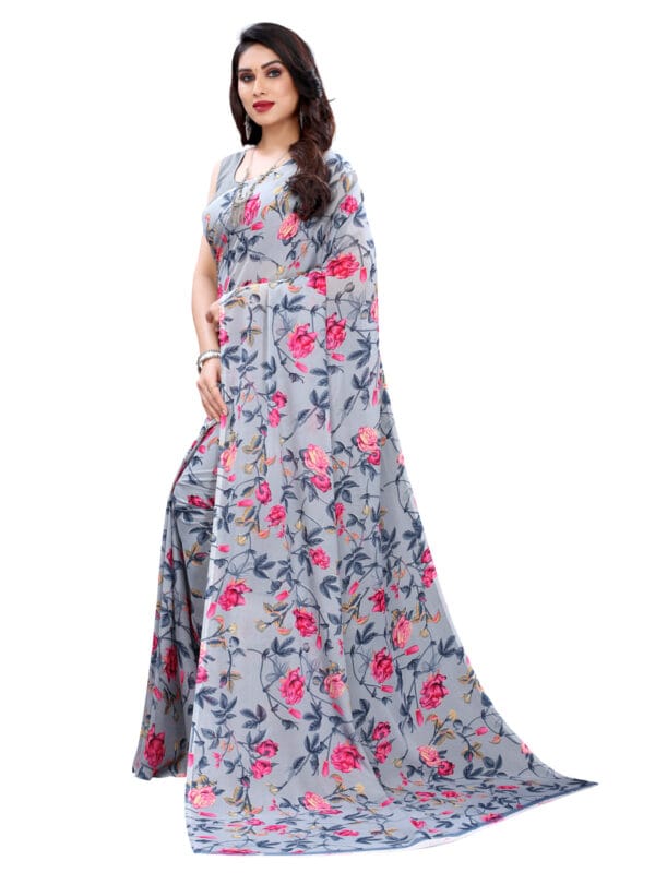 Georgette Floral Grey Saree - Image 5