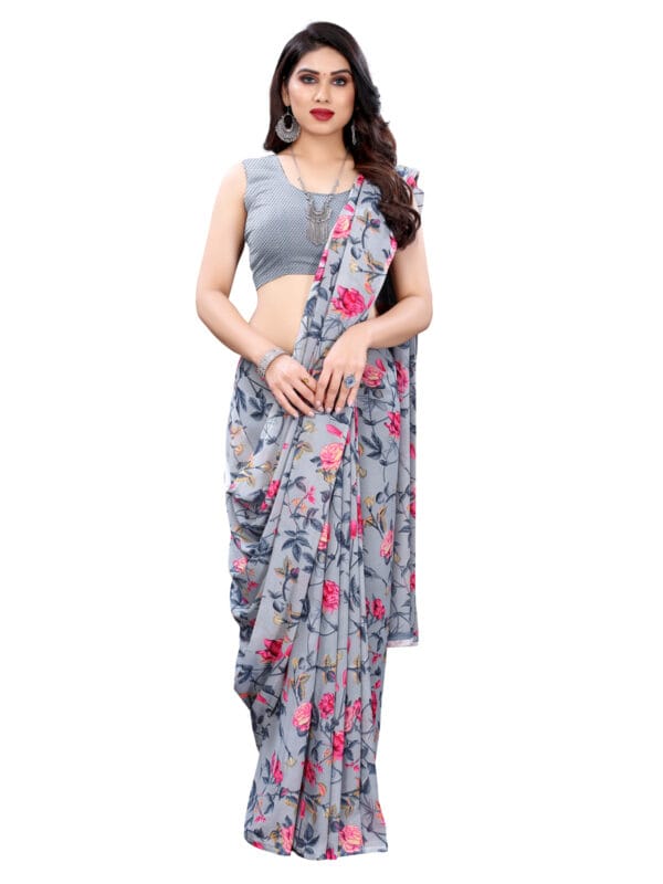 Georgette Floral Grey Saree - Image 3